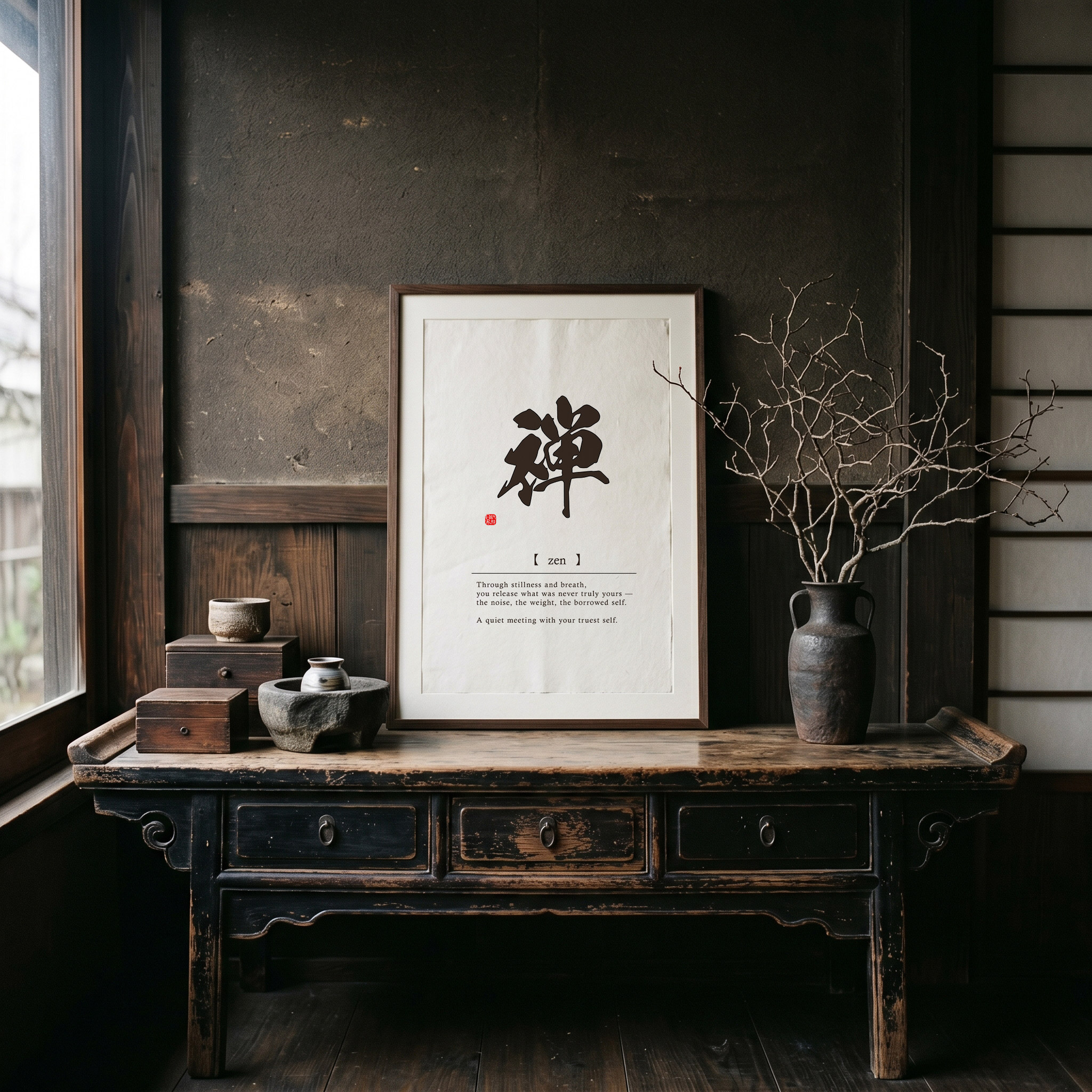 Framed Japanese word art in a quiet room inspired by Nagano living