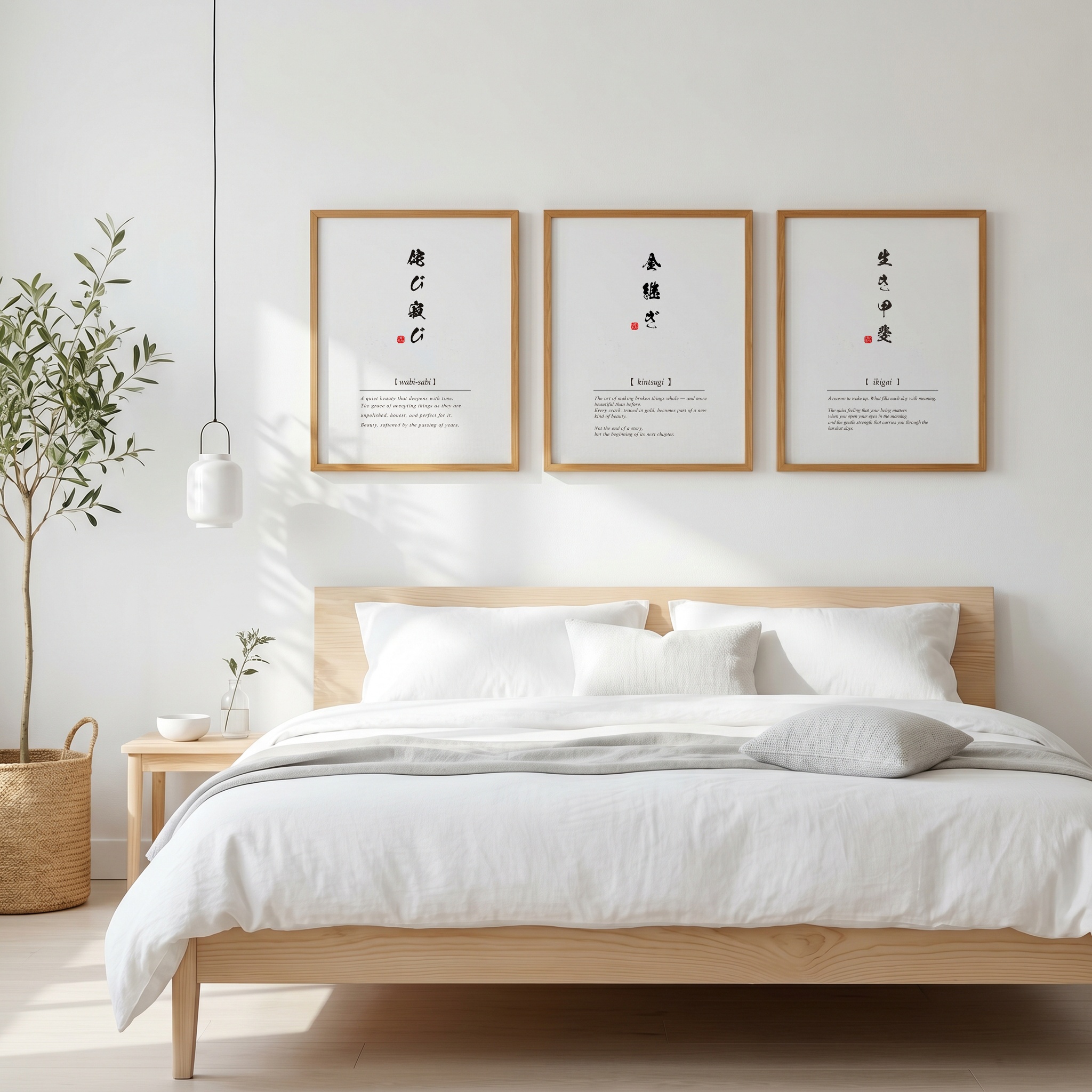 Japanese word art displayed in a peaceful bedroom