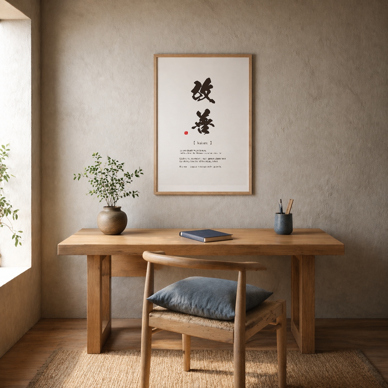 Japanese word art displayed in a calm desk corner