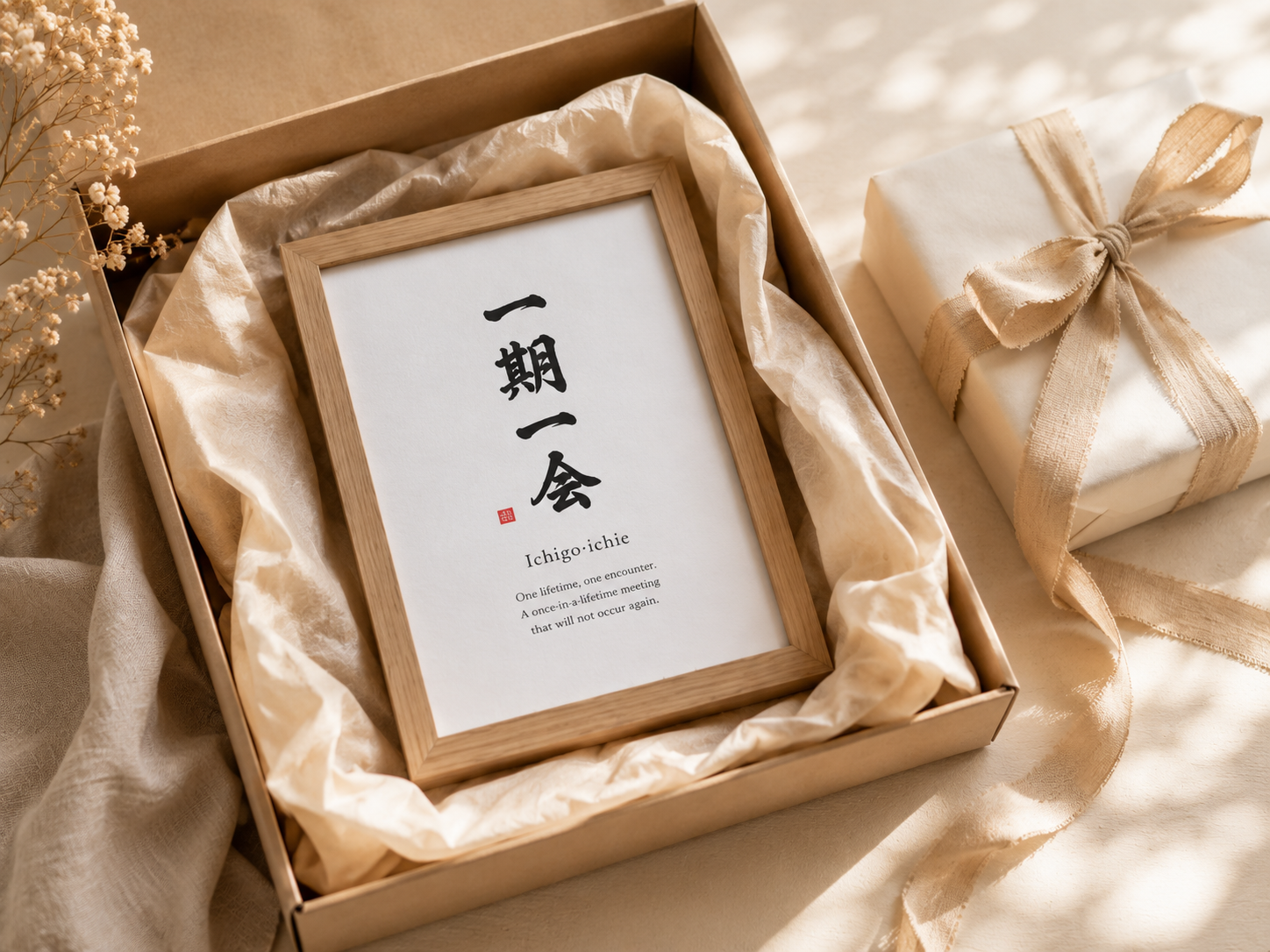 Framed Japanese word art prepared as a meaningful gift