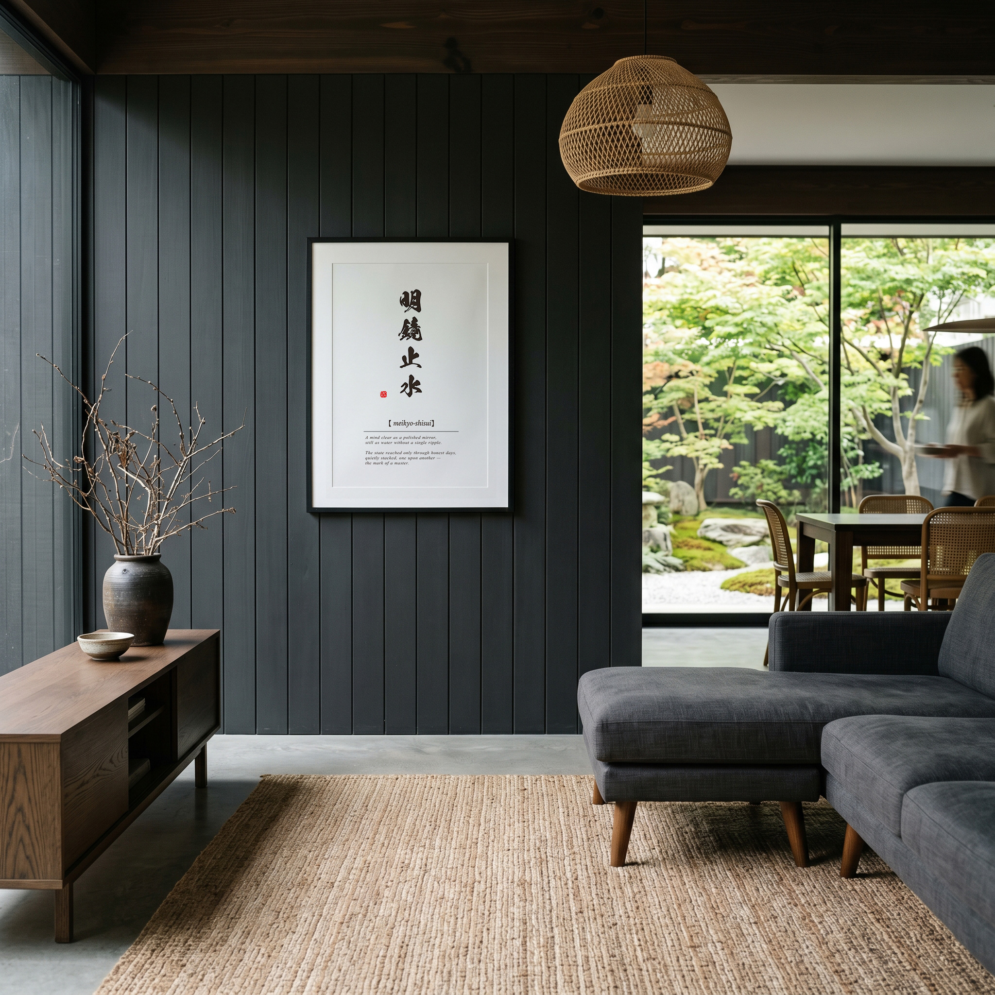 Japanese word art displayed in a living room